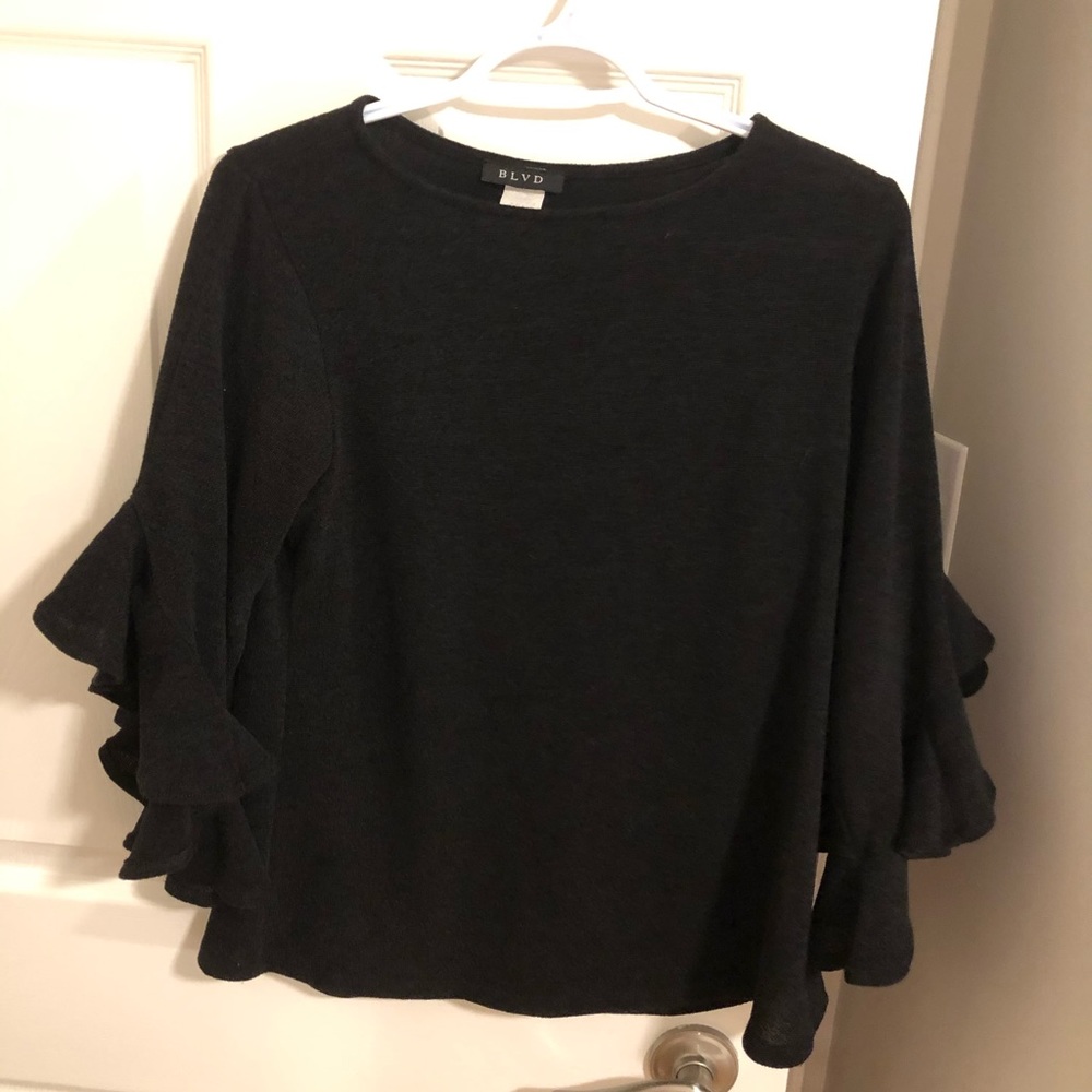 BLVD black knit ruffle sleeve top